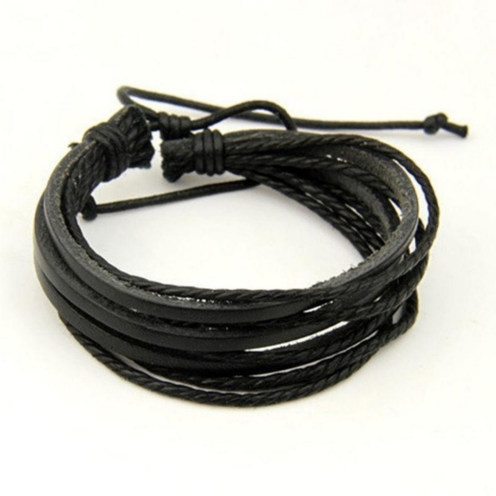 Brown or Black Unisex Layered Leather Tie Bracelet - Picture 7 of 8